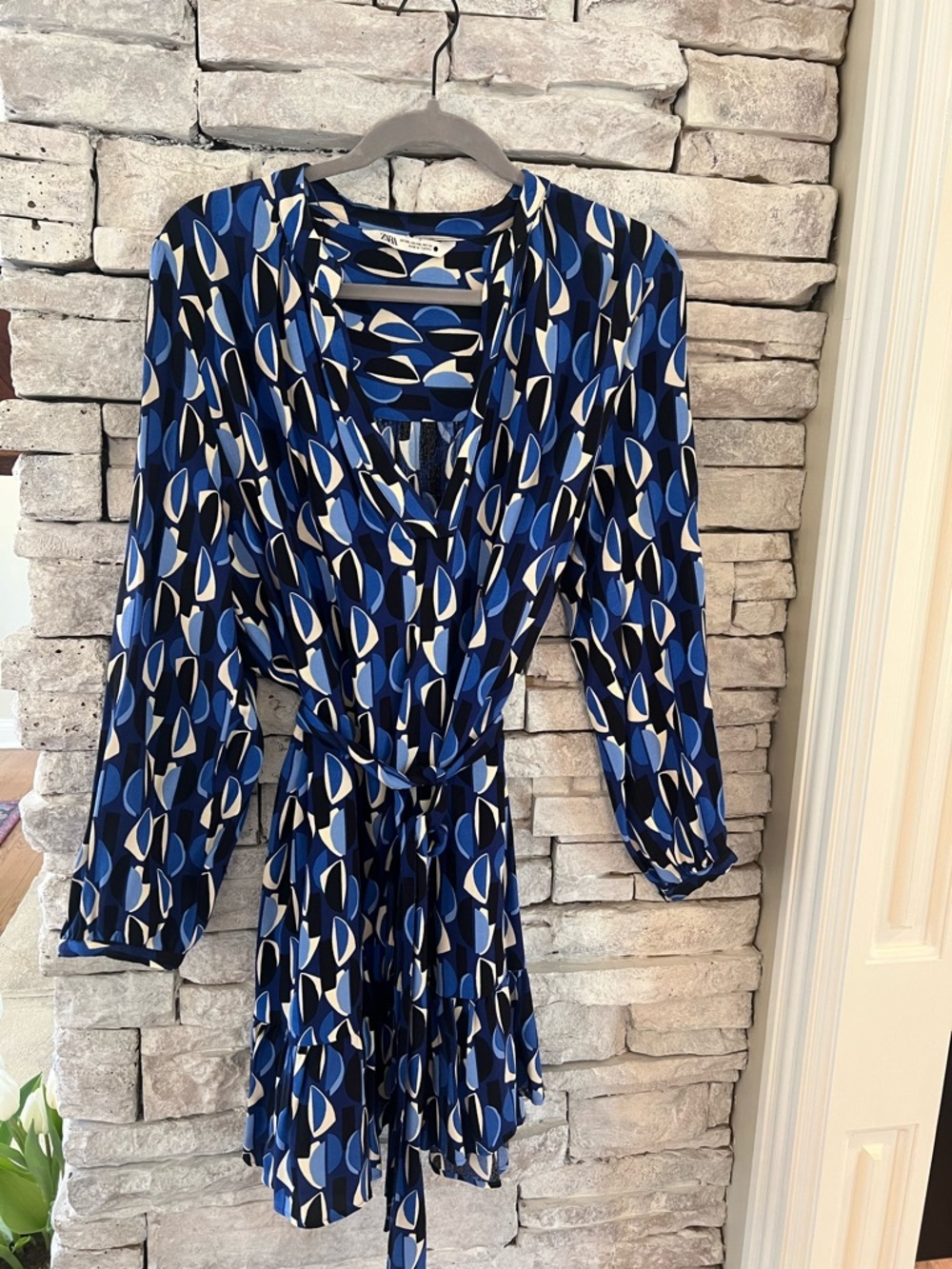 Zara Blue Black and White Geometric Shirt Dress